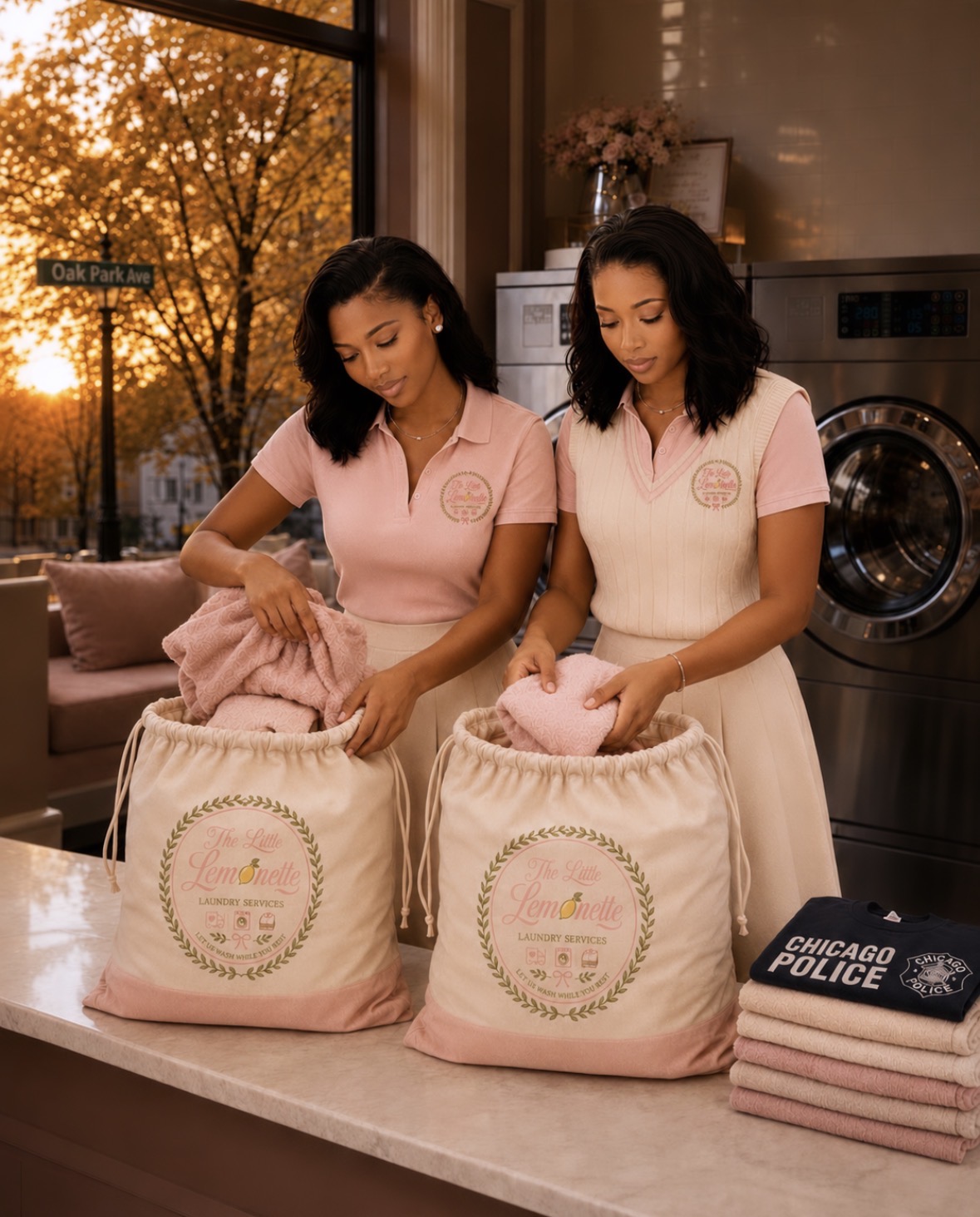 Two Little Lemonette attendants placing folded pink and cream linens into branded laundry bags