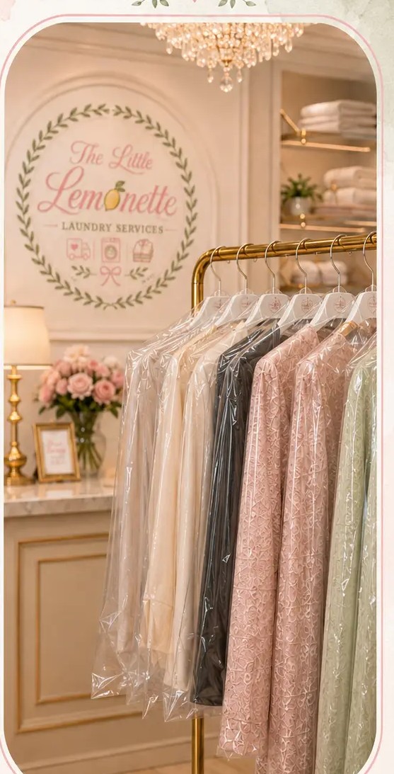 Rack of dry cleaned garments in protective bags