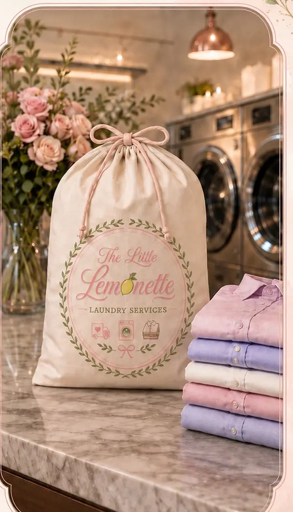 Little Lemonette laundry bag beside a stack of freshly folded shirts