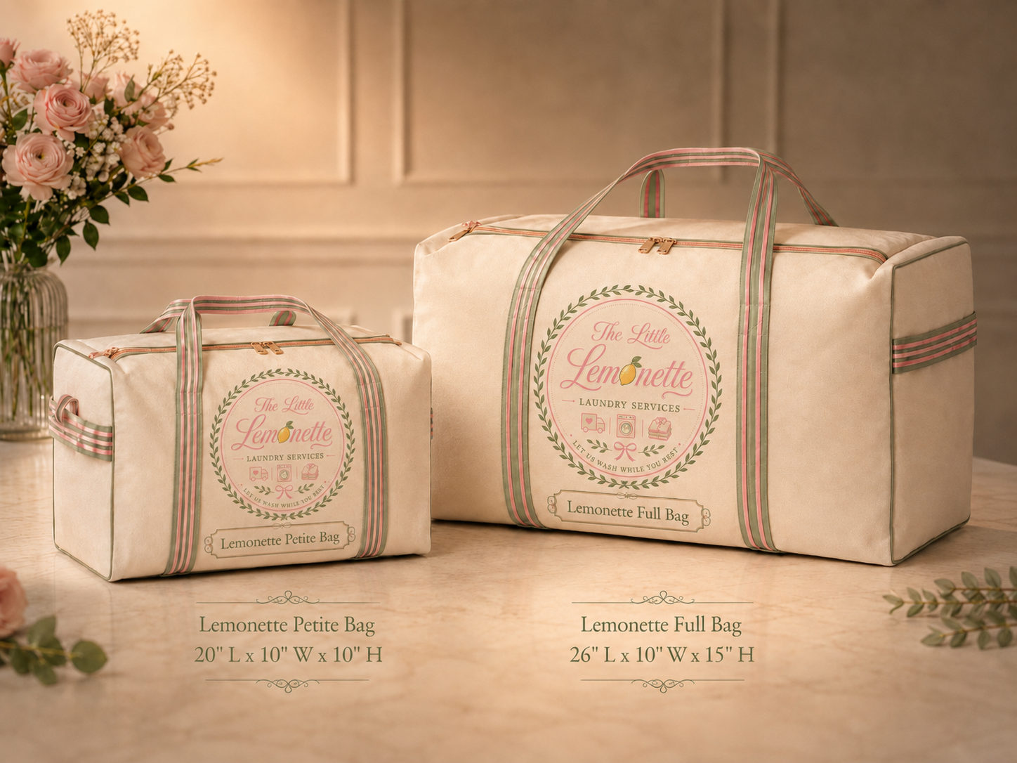 Lemonette Petite Bag (20x10x10 inches) beside the larger Lemonette Full Bag (26x10x15 inches)