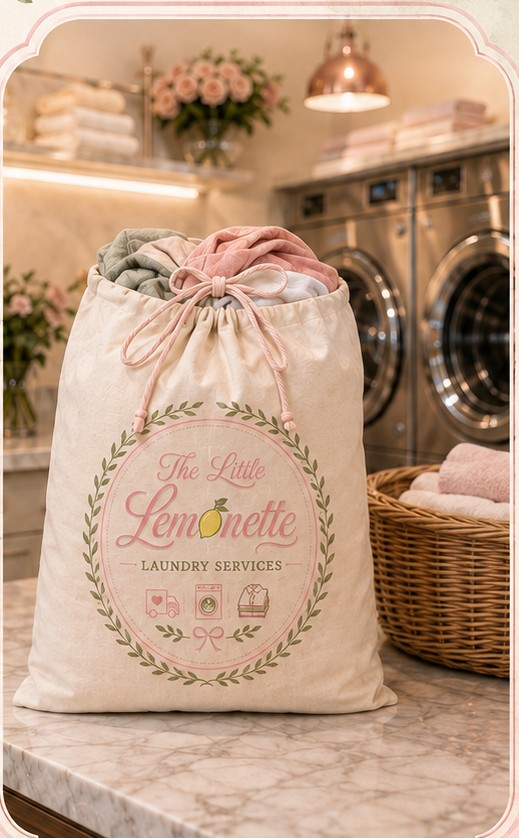 Filled Little Lemonette laundry bag in front of washers
